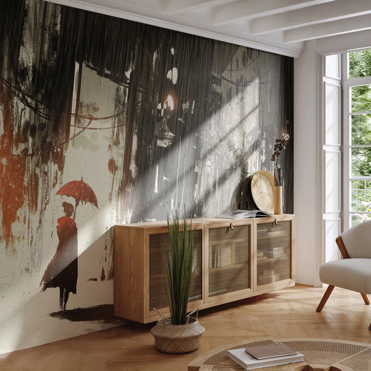 Fototapeta Premium Canvas - Poezie červeného deštníku - Město, Žena, Architektura - 450x315 cm