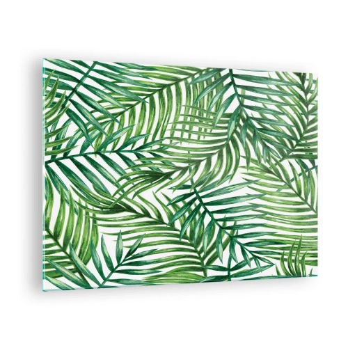 Obraz na skle - Zelené palmové listy na bílém pozadí vytvářející geometrický vzor - 70x50cm - Pod zeleným baldachýnem - Moderní nástěnná dekorace do obývacího pokoje a ložnice ARTTOR