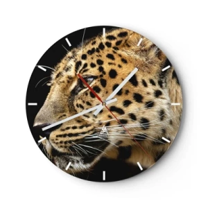 Nástěnné hodiny - Detail leopardí hlavy na černém pozadí - 30x30cm - Klidný, soustředěný, připravený - Moderní nástěnná dekorace do obývacího pokoje, kuchyně a ložnice ARTTOR