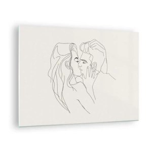 Obraz na skle - Smyslný polibek páru v konturové linii - 70x50cm - Zamotaní citem - Moderní nástěnná dekorace do obývacího pokoje a ložnice ARTTOR