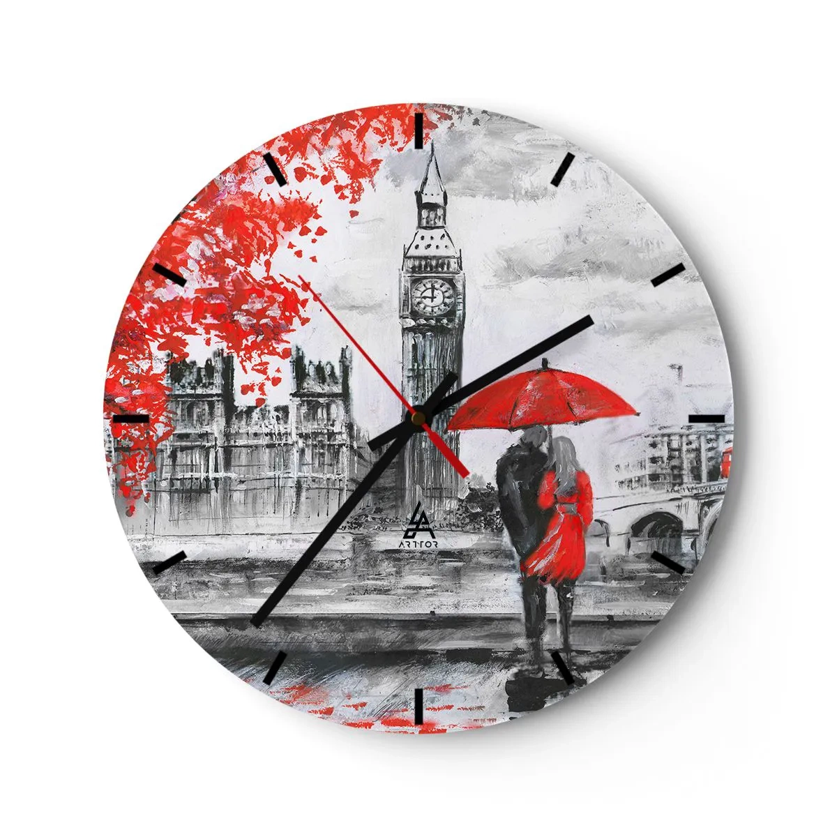 Nástěnné hodiny - Pár pod červeným deštníkem s Big Benem a budovou Parlamentu v pozadí. - 30x30cm - Zamilování do Londýna - Moderní nástěnná dekorace do obývacího pokoje, kuchyně a ložnice ARTTOR