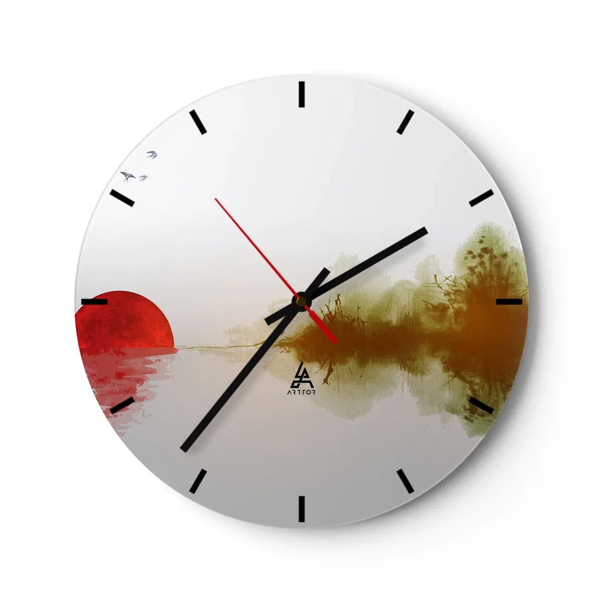 Nástěnné hodiny - Minimalistická krajina s rudým sluncem a odrazem - 30x30cm - Příslib klidu - Moderní nástěnná dekorace do obývacího pokoje, kuchyně a ložnice ARTTOR