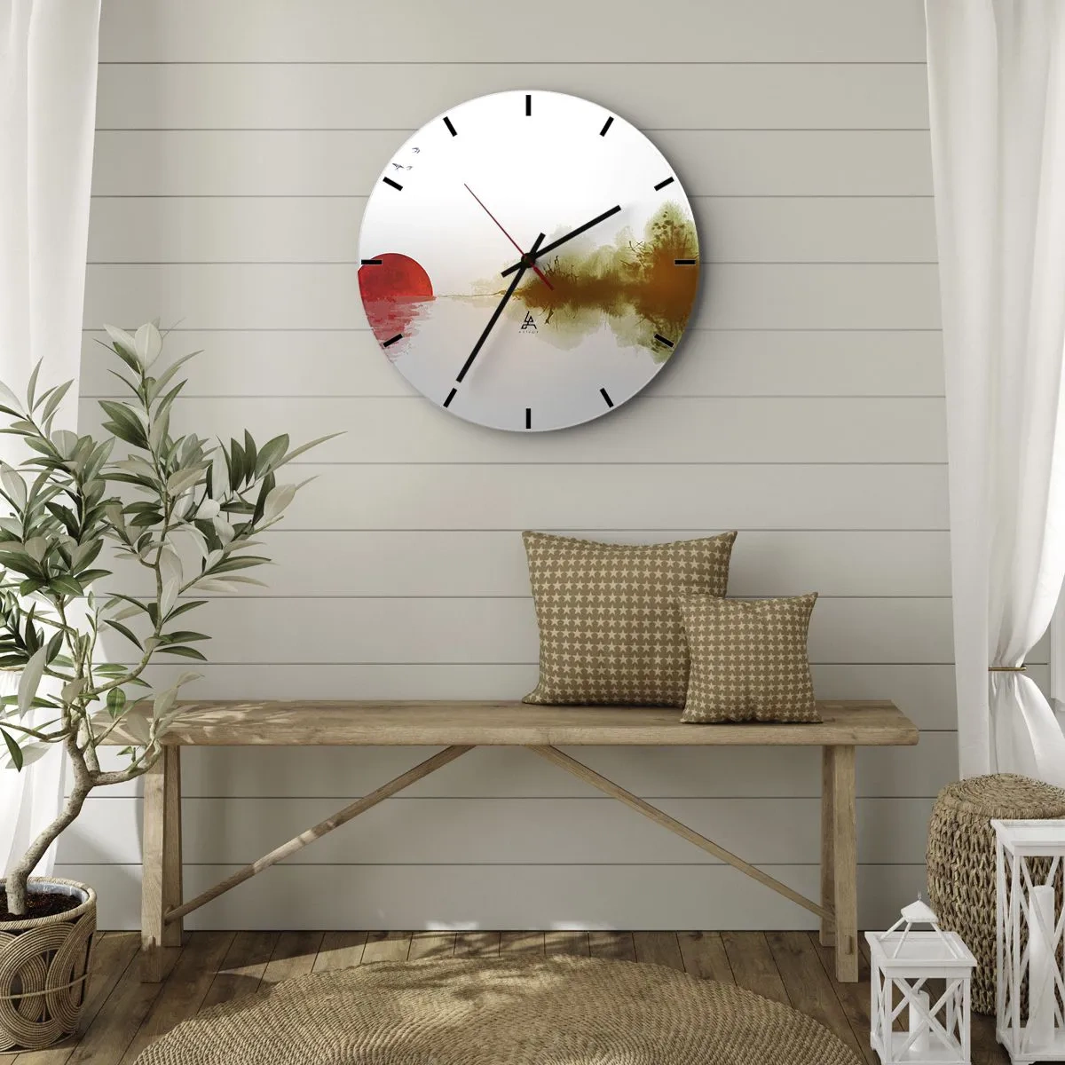 Nástěnné hodiny - Minimalistická krajina s rudým sluncem a odrazem - 30x30cm - Příslib klidu - Moderní nástěnná dekorace do obývacího pokoje, kuchyně a ložnice ARTTOR
