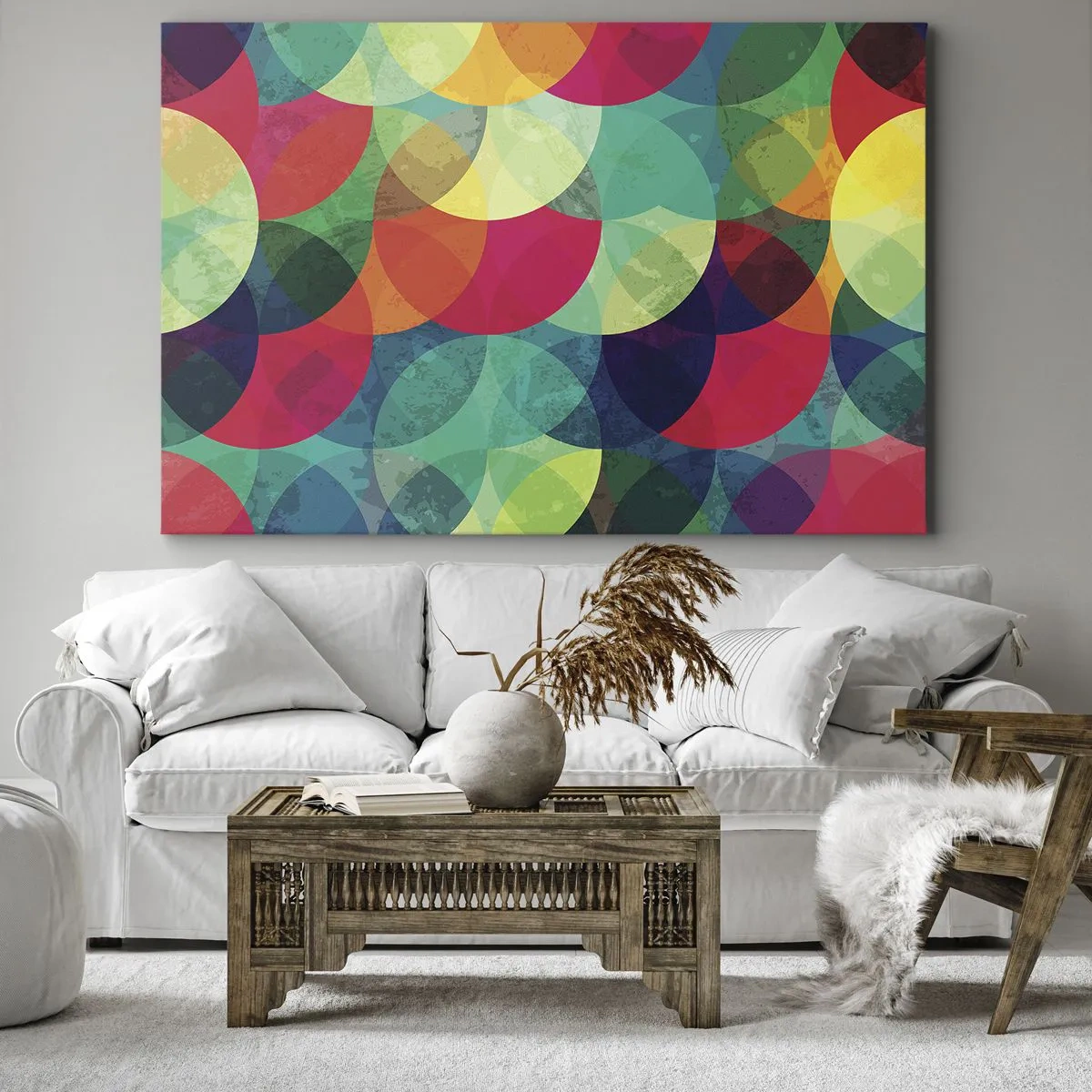 Obraz na plátně - Barevné geometrické vzory složené z kruhů a půlkruhů - 70x50cm - Vstoupit do duhy - Moderní nástěnná dekorace do obývacího pokoje a ložnice ARTTOR