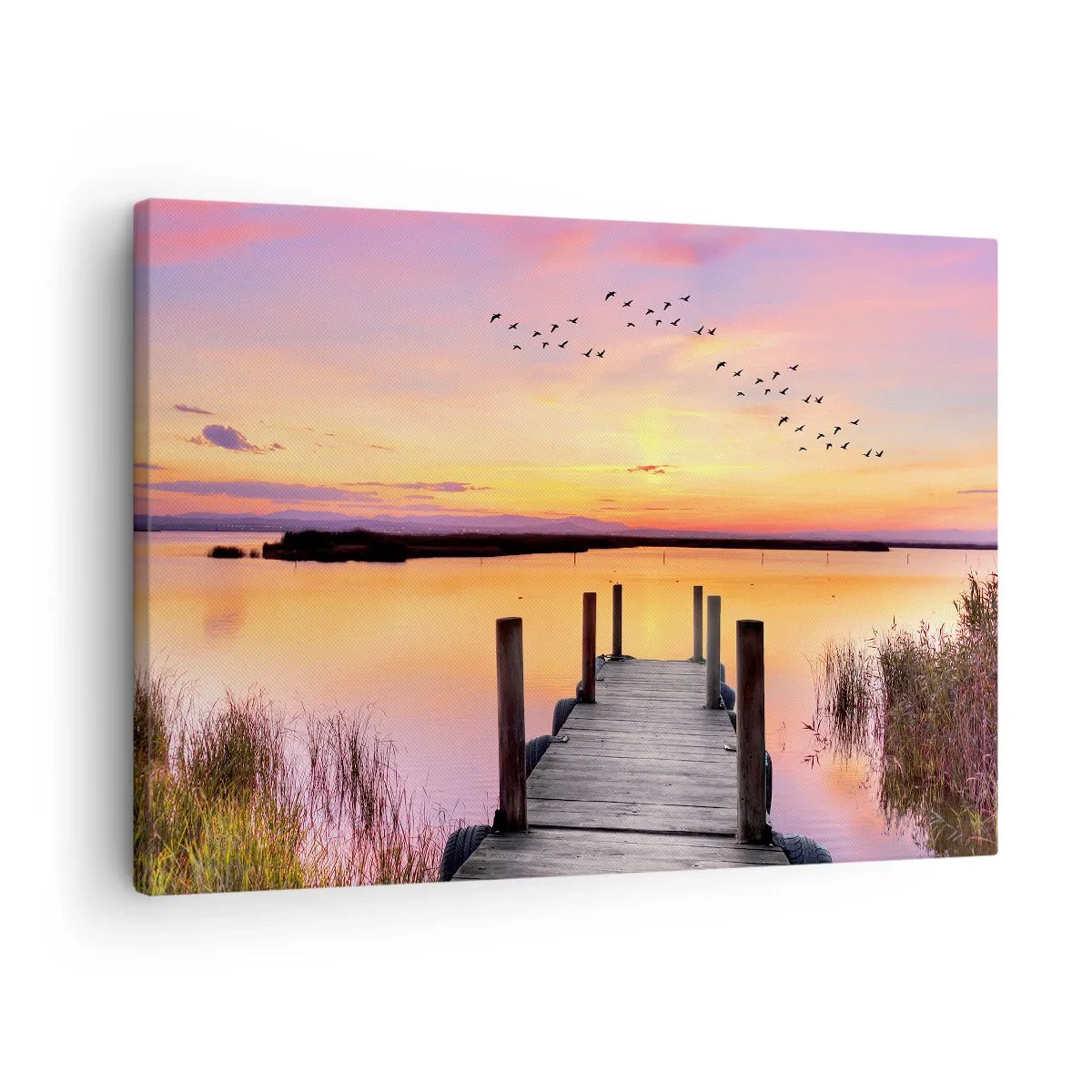 Obraz na plátně - Molo na jezeře při západu slunce s ptáky na obloze - 70x50cm - Fialové tiché svítání - Moderní nástěnná dekorace do obývacího pokoje a ložnice ARTTOR