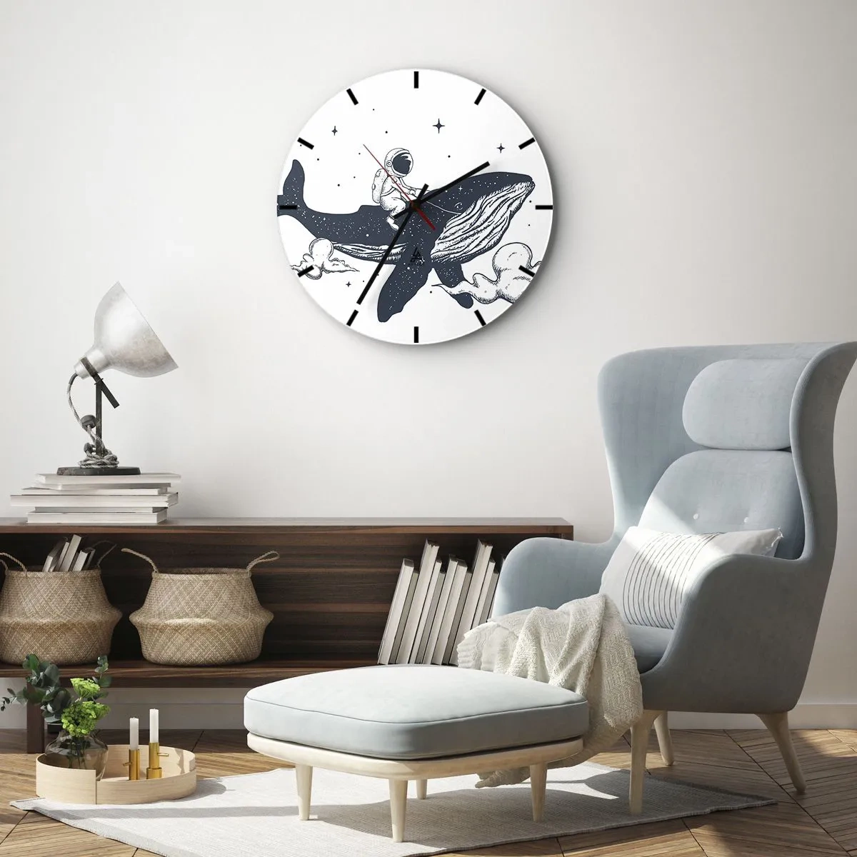 Nástěnné hodiny - Astronaut jedoucí na velrybě ve vesmíru - 30x30cm - Vesmírné dobrodružství - Moderní nástěnná dekorace do obývacího pokoje, kuchyně a ložnice ARTTOR