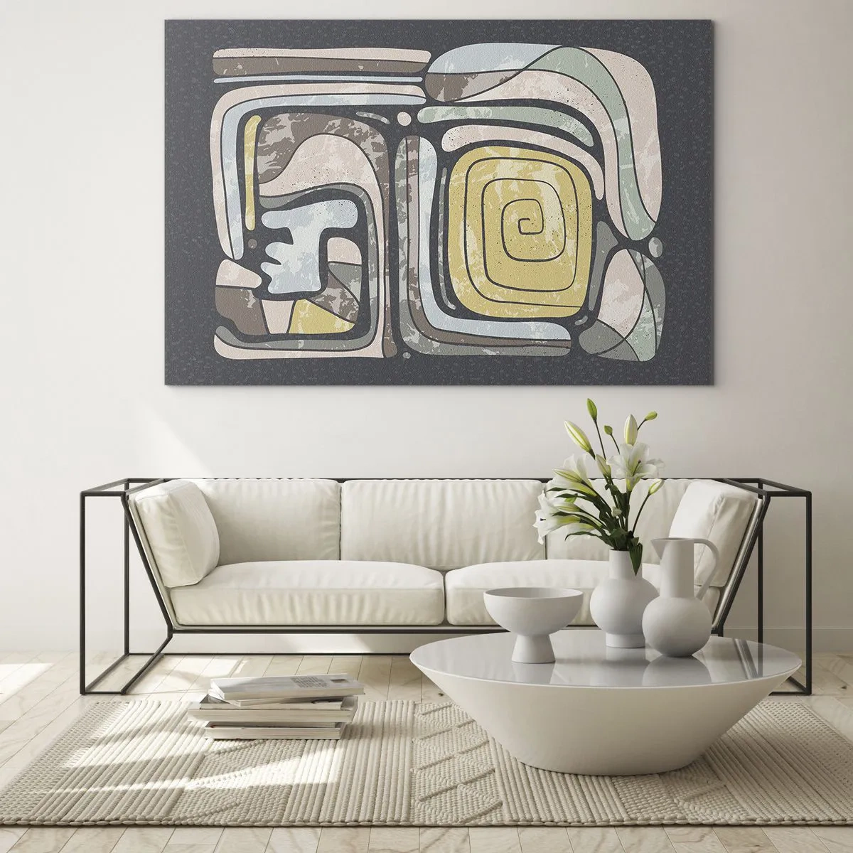 Obraz na skle - Geometrická abstrakce v zemitých tónech na černém pozadí - 70x50cm - Abstrakce v předkolumbovském duchu - Moderní nástěnná dekorace do obývacího pokoje a ložnice ARTTOR