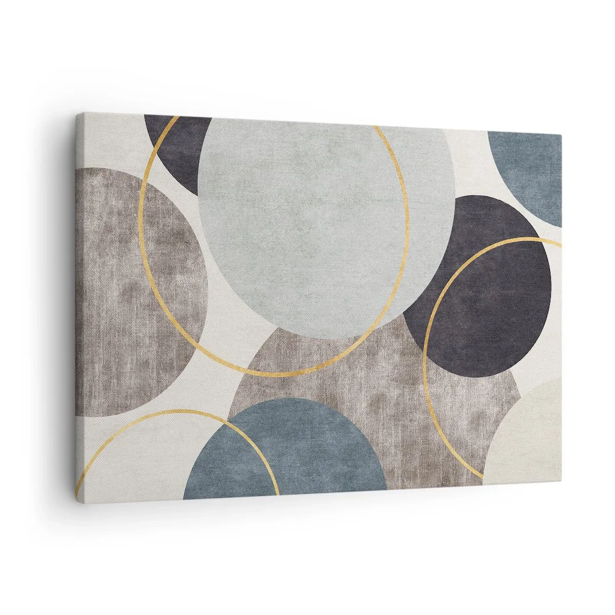 Obraz na plátně - Geometrické kruhy v odstínech šedé, modré a zlaté - 70x50cm - Kruh za kruhem - Moderní nástěnná dekorace do obývacího pokoje a ložnice ARTTOR