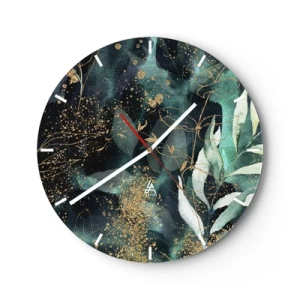 Nástěnné hodiny - Zelené listy a zlaté akcenty na tmavém pozadí - 30x30cm - Kouzelná zahrada - Moderní nástěnná dekorace do obývacího pokoje, kuchyně a ložnice ARTTOR