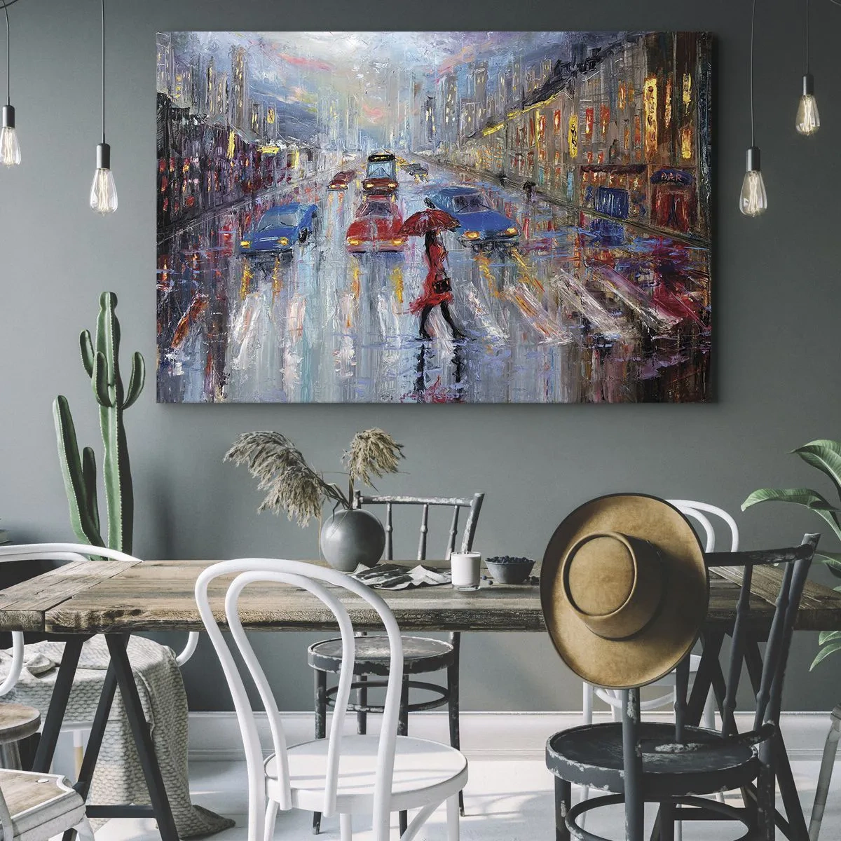 Obraz na plátně - Žena s deštníkem na deštivé ulici v neonovém světle. - 70x50cm - Deštivé odpoledne ve městě - Moderní nástěnná dekorace do obývacího pokoje a ložnice ARTTOR