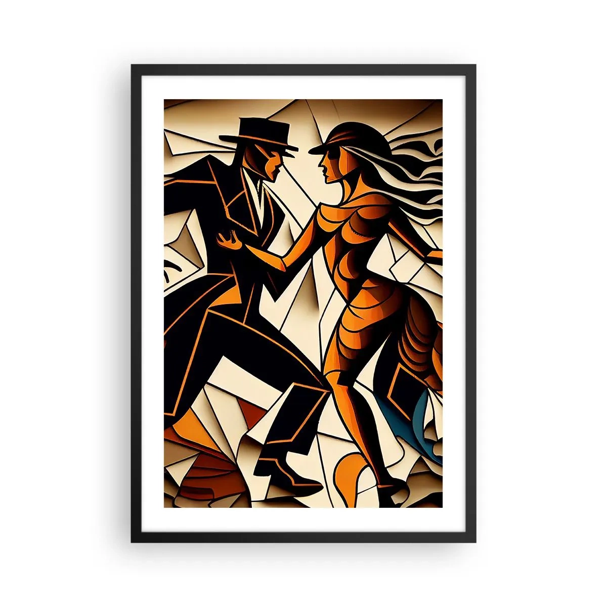 Plakát v černém rámu - Dynamický pár tančící tango v kubistickém stylu. - 50x70cm - Tanec vřelosti a vášně - Moderní nástěnná dekorace do obývacího pokoje a ložnice ARTTOR