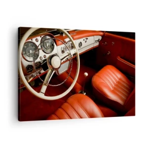 Obraz na plátně - Interiér klasického vozu s červenými koženými sedadly - 70x50cm - Luxus ve stylu vintage - Moderní nástěnná dekorace do obývacího pokoje a ložnice ARTTOR