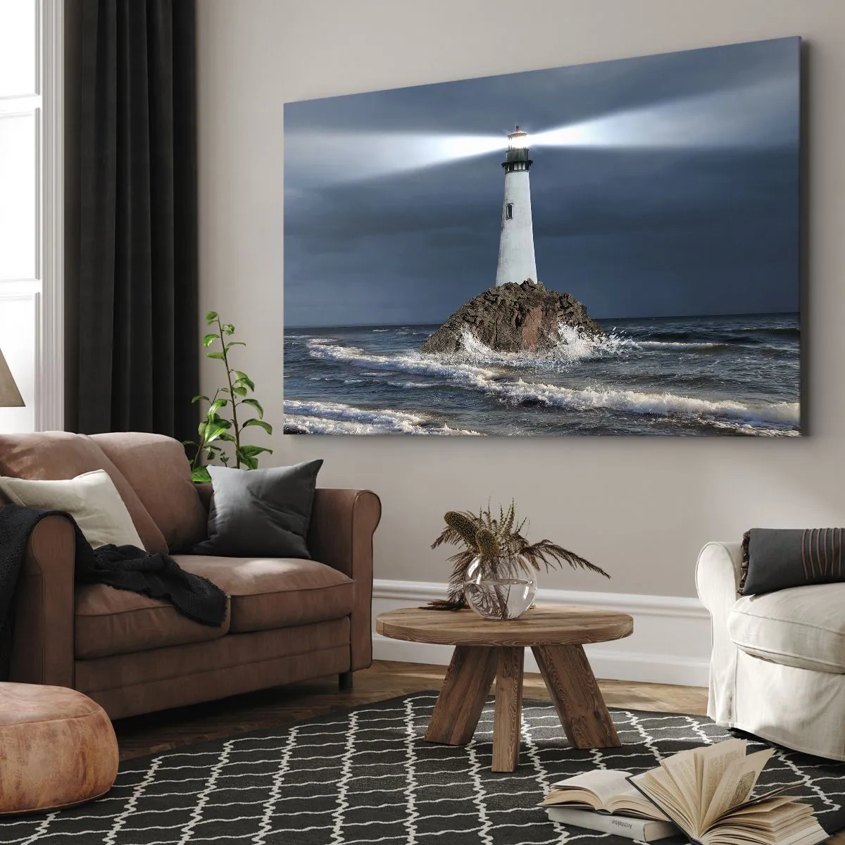 Obraz na plátně - Maják na skále obklopený rozbouřeným mořem - 70x50cm - Zde…zde…tady! - Moderní nástěnná dekorace do obývacího pokoje a ložnice ARTTOR