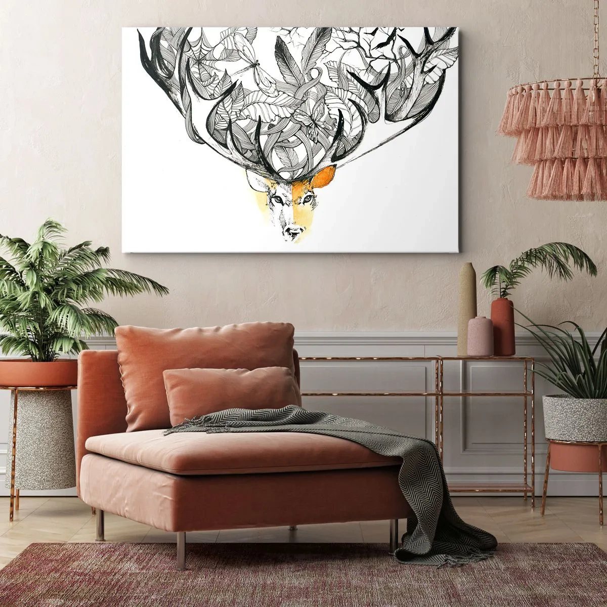 Obraz na plátně - Decentní grafika jelena s ozdobnými parohy - 70x50cm - Rohy hojnosti - Moderní nástěnná dekorace do obývacího pokoje a ložnice ARTTOR