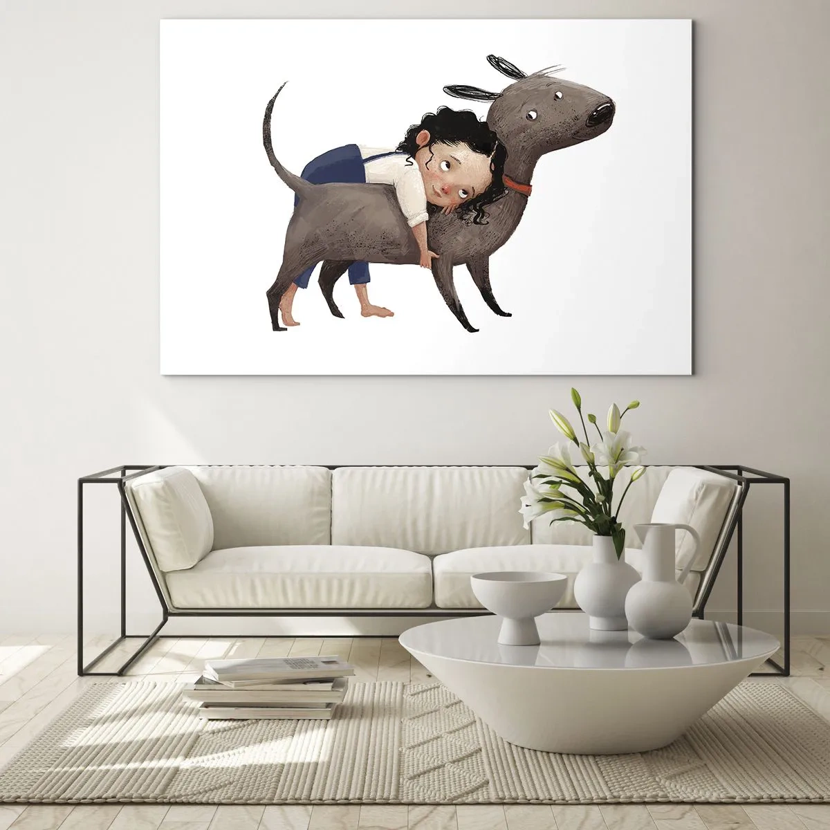 Obraz na skle - Dívka objímá velkého psa na bílém pozadí - 70x50cm - Nejlepší přátelé - Moderní nástěnná dekorace do obývacího pokoje a ložnice ARTTOR