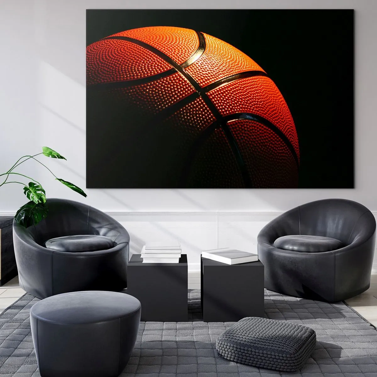 Obraz na skle - Oranžový basketbalový míč na tmavém pozadí - 70x50cm - Krásná jako planeta - Moderní nástěnná dekorace do obývacího pokoje a ložnice ARTTOR