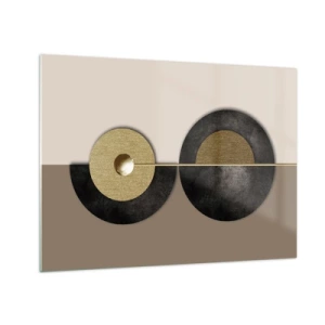 Obraz na skle - Geometrické kruhy ve zlaté a černé barvě na béžovém pozadí - 70x50cm - Variace kolem kruhu - Moderní nástěnná dekorace do obývacího pokoje a ložnice ARTTOR