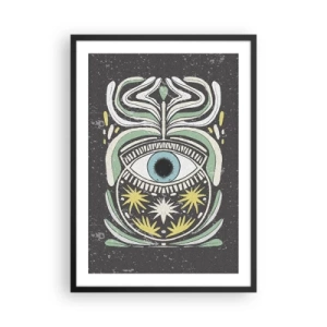 Plakát v černém rámu - Symbolické oko obklopené rostlinnými vzory na tmavém pozadí. - 50x70cm - Kmenové rituály - Moderní nástěnná dekorace do obývacího pokoje a ložnice ARTTOR