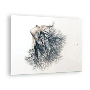 Obraz na skle - Silueta ženy s větvemi jako vlasy - 70x50cm - Okouzlená šepotem stromu - Moderní nástěnná dekorace do obývacího pokoje a ložnice ARTTOR