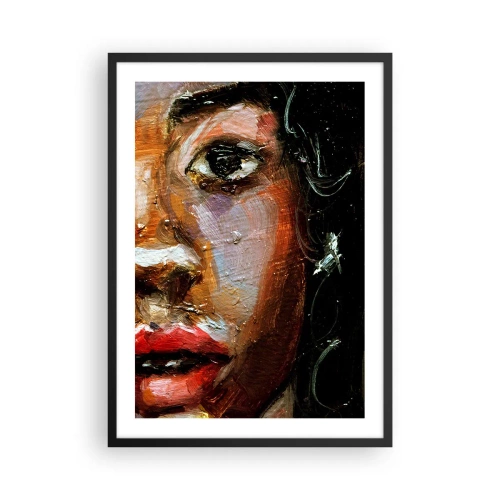 Plakát v černém rámu - Abstraktní portrét ženy v intenzivních barvách s expresivním pohledem. - 50x70cm - Černá a jas - Moderní nástěnná dekorace do obývacího pokoje a ložnice ARTTOR