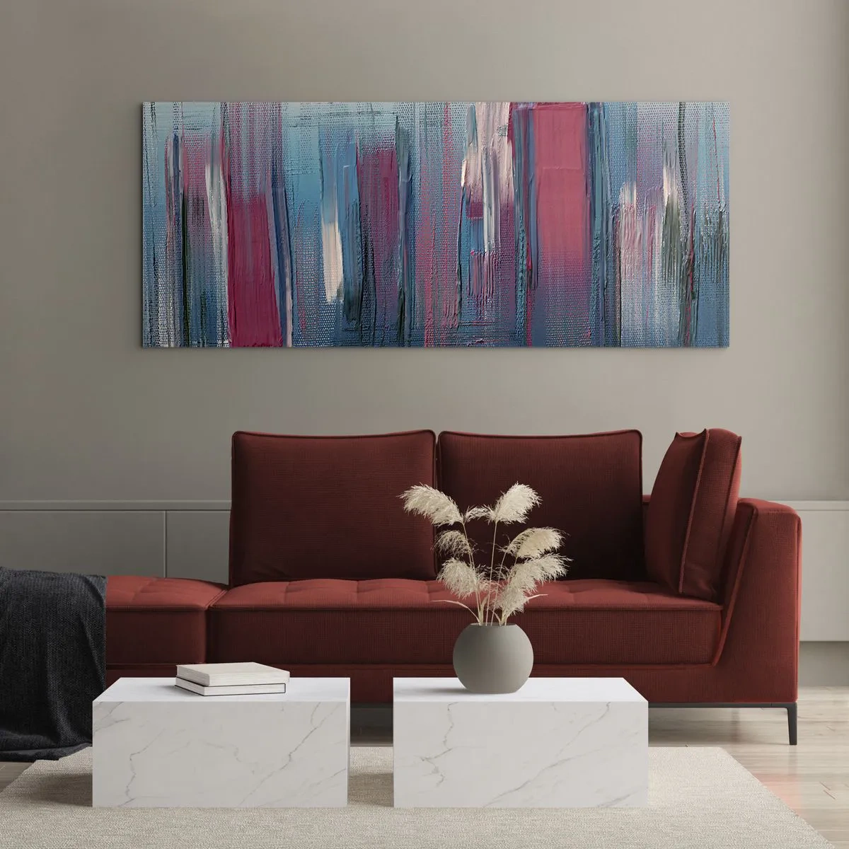 Obraz na skle - Vertikální kompozice v modré a červené - 100x40 cm