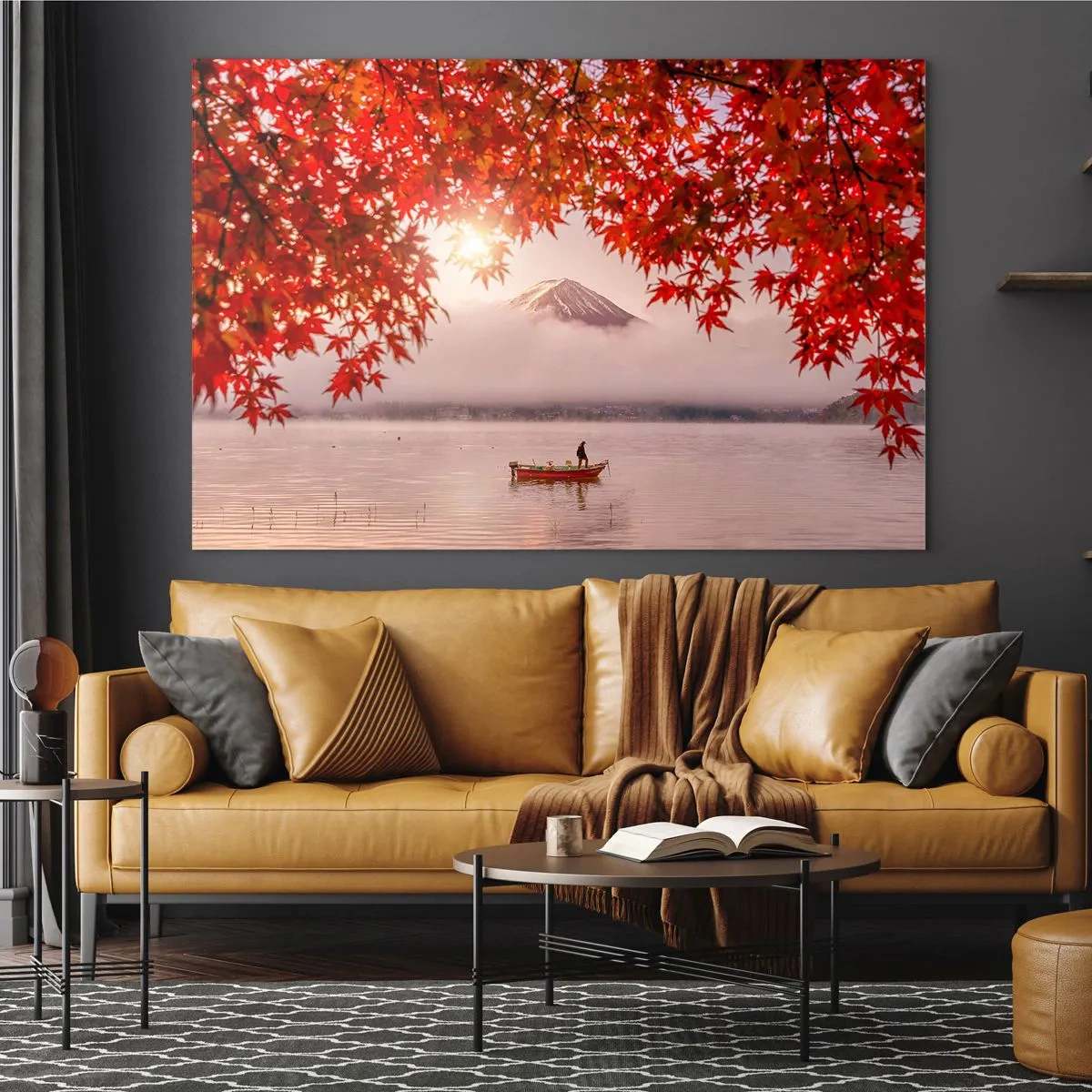 Obraz na skle - Hora Fudži s lodí na jezeře obklopeném červenými listy - 70x50cm - V japonském stylu - Moderní nástěnná dekorace do obývacího pokoje a ložnice ARTTOR