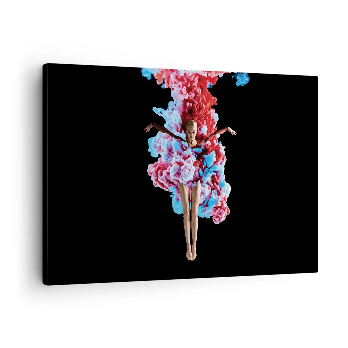 Obraz na plátně - Tanečnice obklopená barevným kouřem na černém pozadí - 70x50cm - V plném květu - Moderní nástěnná dekorace do obývacího pokoje a ložnice ARTTOR
