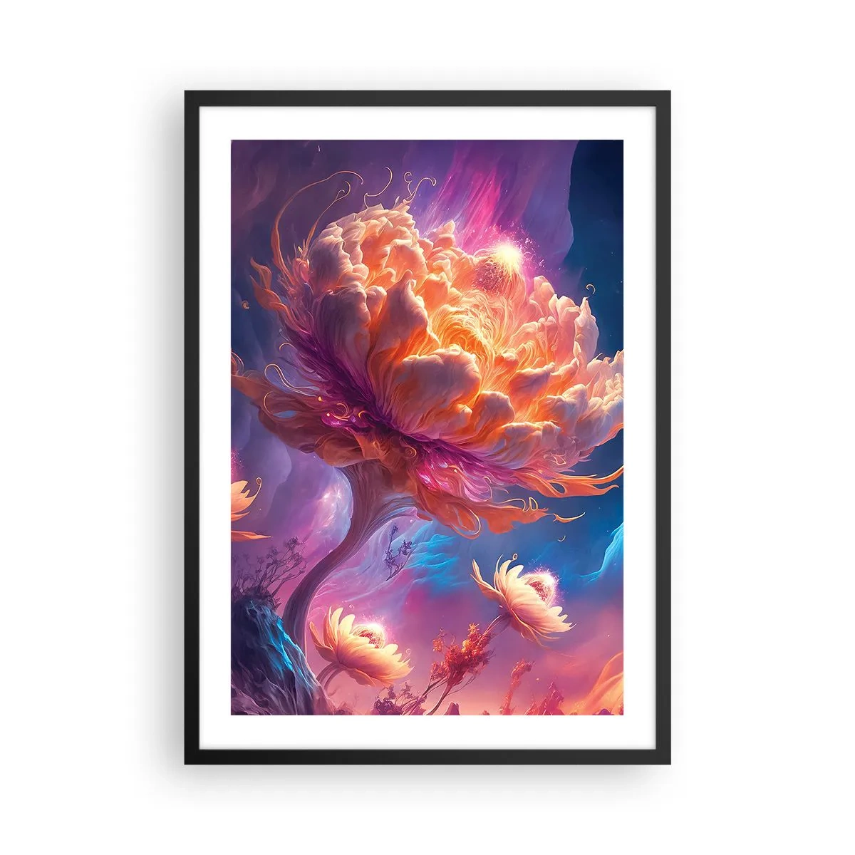 Plakát v černém rámu - Fantastický strom ve tvaru rozkvetlé květiny - 50x70cm - Jiný svět - Moderní nástěnná dekorace do obývacího pokoje a ložnice ARTTOR