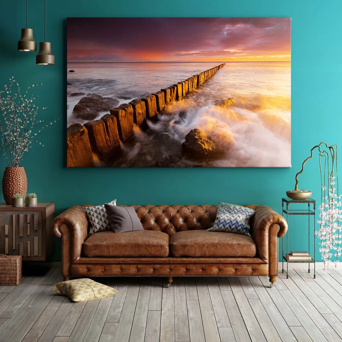 Obraz na plátně - Malebná krajina u moře při západu slunce - 70x50cm - Jemnost vln - Moderní nástěnná dekorace do obývacího pokoje a ložnice ARTTOR