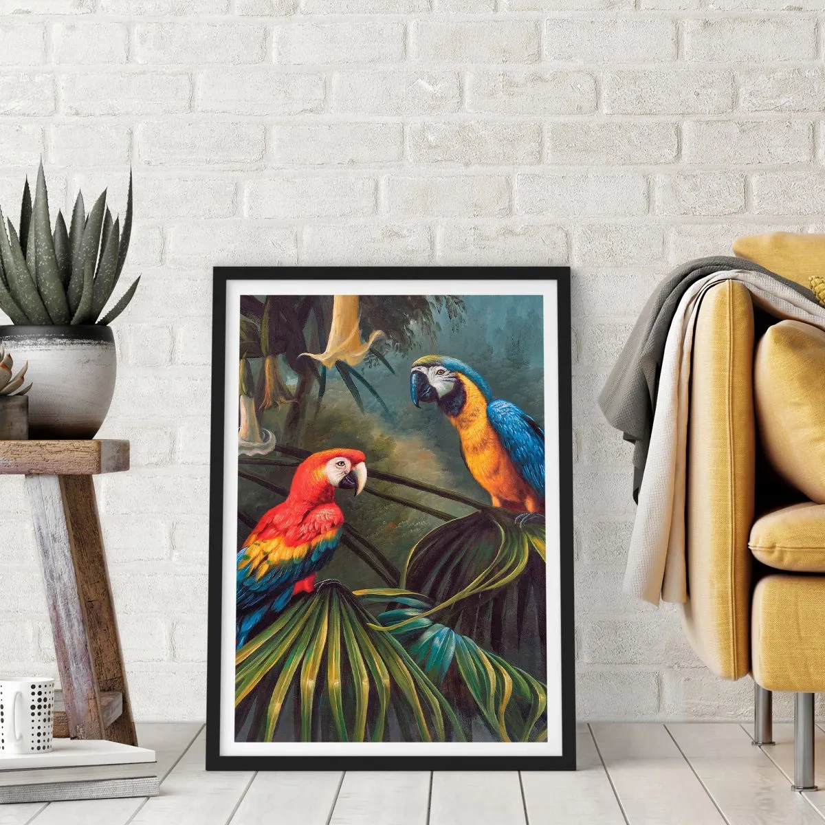 Plakát v černém rámu - Tropické papoušky obklopené bujnou vegetací - 50x70cm - Romantismus v tropech - Moderní nástěnná dekorace do obývacího pokoje a ložnice ARTTOR