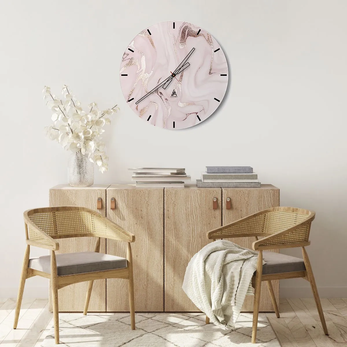 Nástěnné hodiny - Světle růžové mramorové pozadí s jiskřivými zlatými žilkami - 30x30cm - V růžovém šílenství - Moderní nástěnná dekorace do obývacího pokoje, kuchyně a ložnice ARTTOR