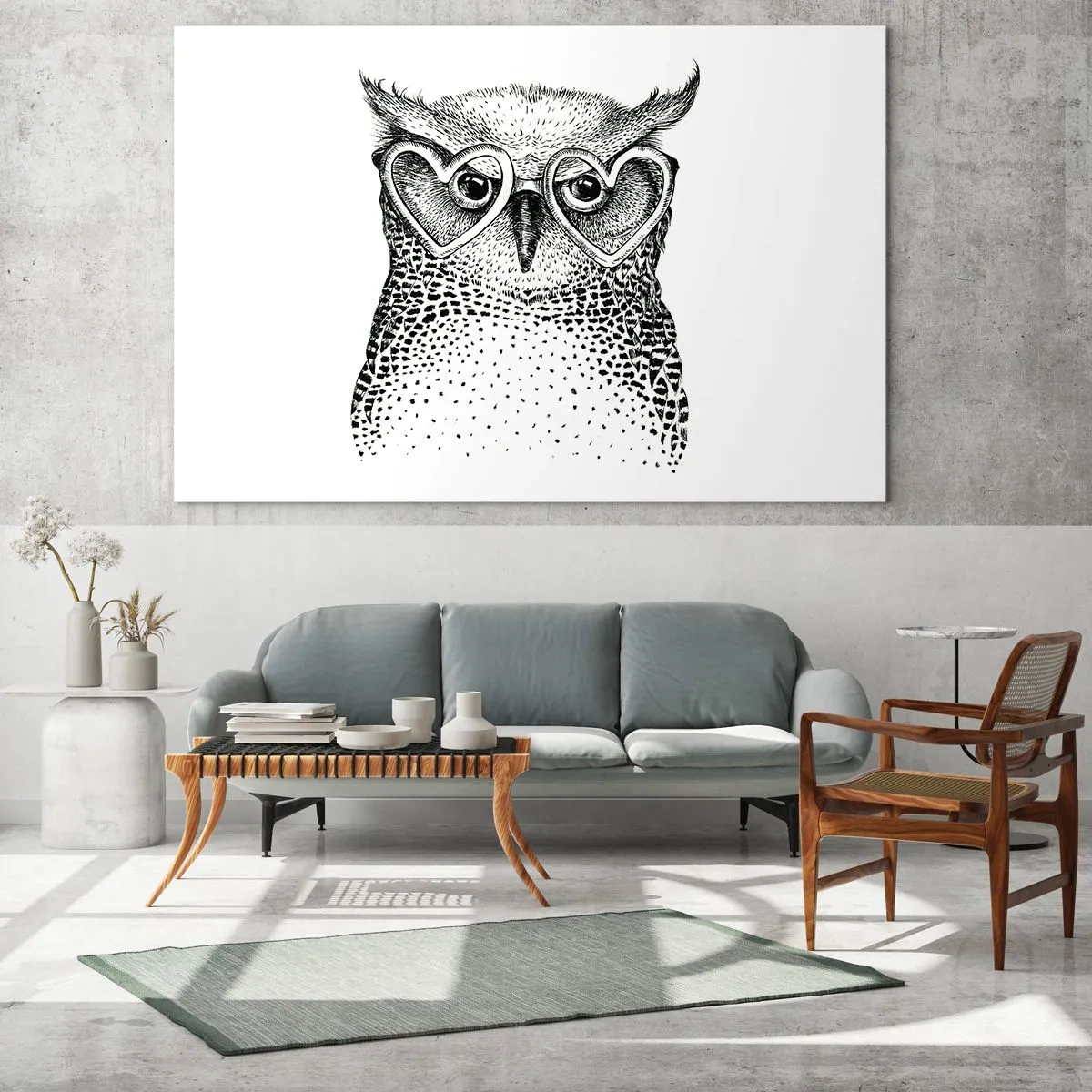 Obraz na skle - Ilustrace sovy s brýlemi ve tvaru srdce - 70x50cm - Moudře a s láskou - Moderní nástěnná dekorace do obývacího pokoje a ložnice ARTTOR