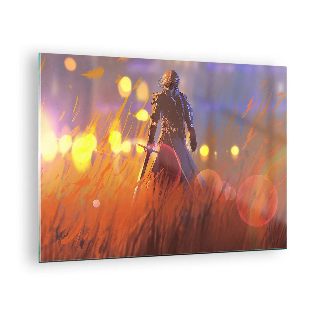 Obraz na skle - Postava v brnění mezi oranžovou trávou se světelným pozadím. - 70x50cm - Bludný rytíř - Moderní nástěnná dekorace do obývacího pokoje a ložnice ARTTOR