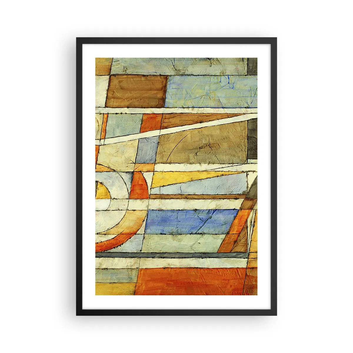 Plakát v černém rámu - Geometrické vzory v odstínech oranžové a modré - 50x70cm - Kubismus na stavbě - Moderní nástěnná dekorace do obývacího pokoje a ložnice ARTTOR