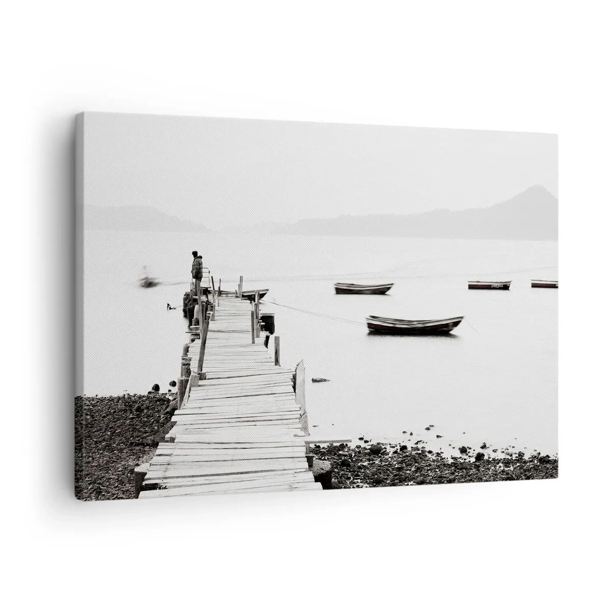 Obraz na plátně - Dřevěné molo a lodě na klidné vodě - 70x50cm - U tiché a čisté vody - Moderní nástěnná dekorace do obývacího pokoje a ložnice ARTTOR