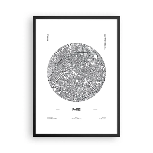 Plakát v černém rámu - Minimalistická mapa Paříže v kruhu - 50x70cm - Anatomie Paříže - Moderní nástěnná dekorace do obývacího pokoje a ložnice ARTTOR