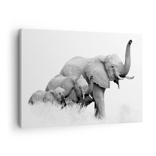 Obraz na plátně - Rodina slonů na pozadí africké krajiny v černé a bílé. - 70x50cm - Jedna, dvě, tři - Moderní nástěnná dekorace do obývacího pokoje a ložnice ARTTOR