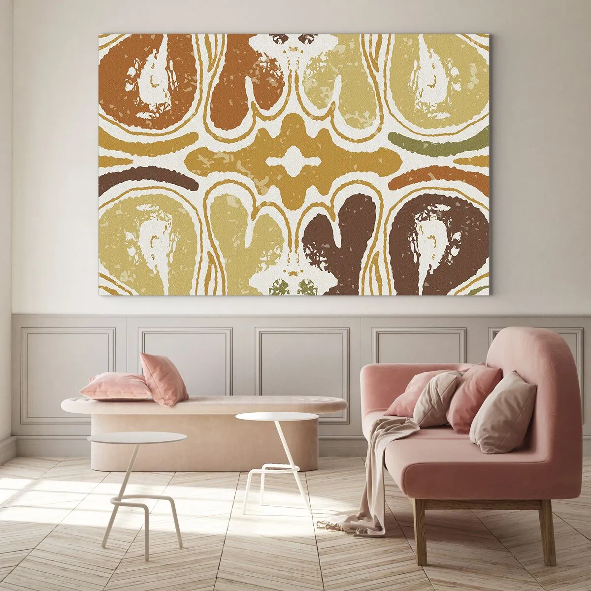 Obraz na skle - Symetrická abstrakce v teplých zemitých tónech - 70x50cm - Sentimentální abstrakce - Moderní nástěnná dekorace do obývacího pokoje a ložnice ARTTOR