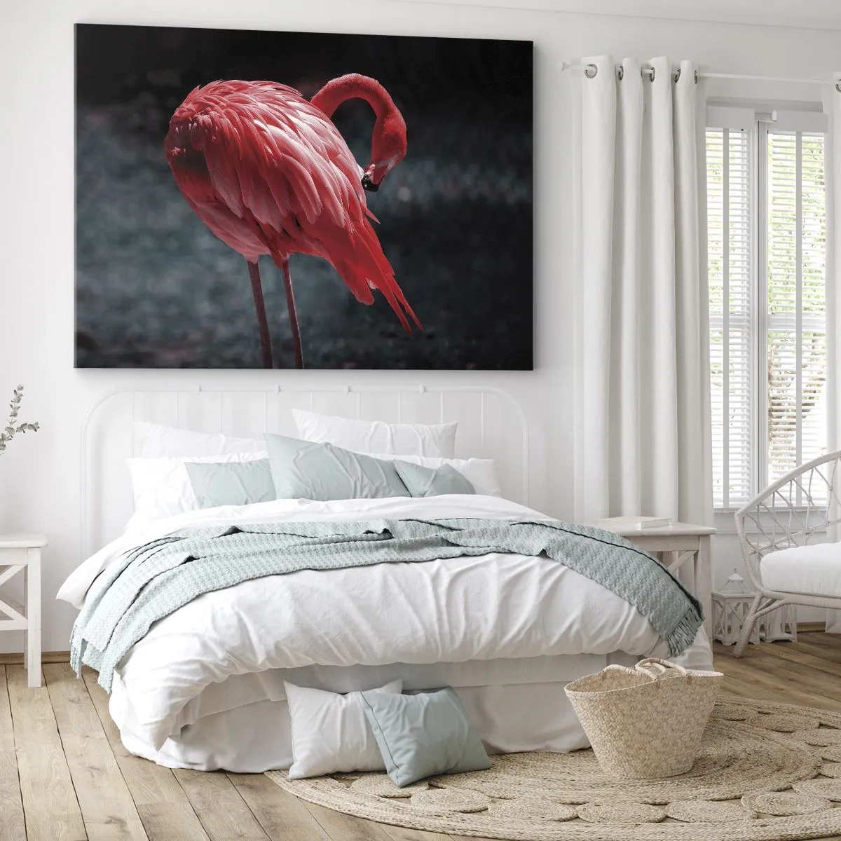 Obraz na plátně - Růžový plameňák na tmavě zeleném pozadí - 70x50cm - Karmínová báseň přírody - Moderní nástěnná dekorace do obývacího pokoje a ložnice ARTTOR