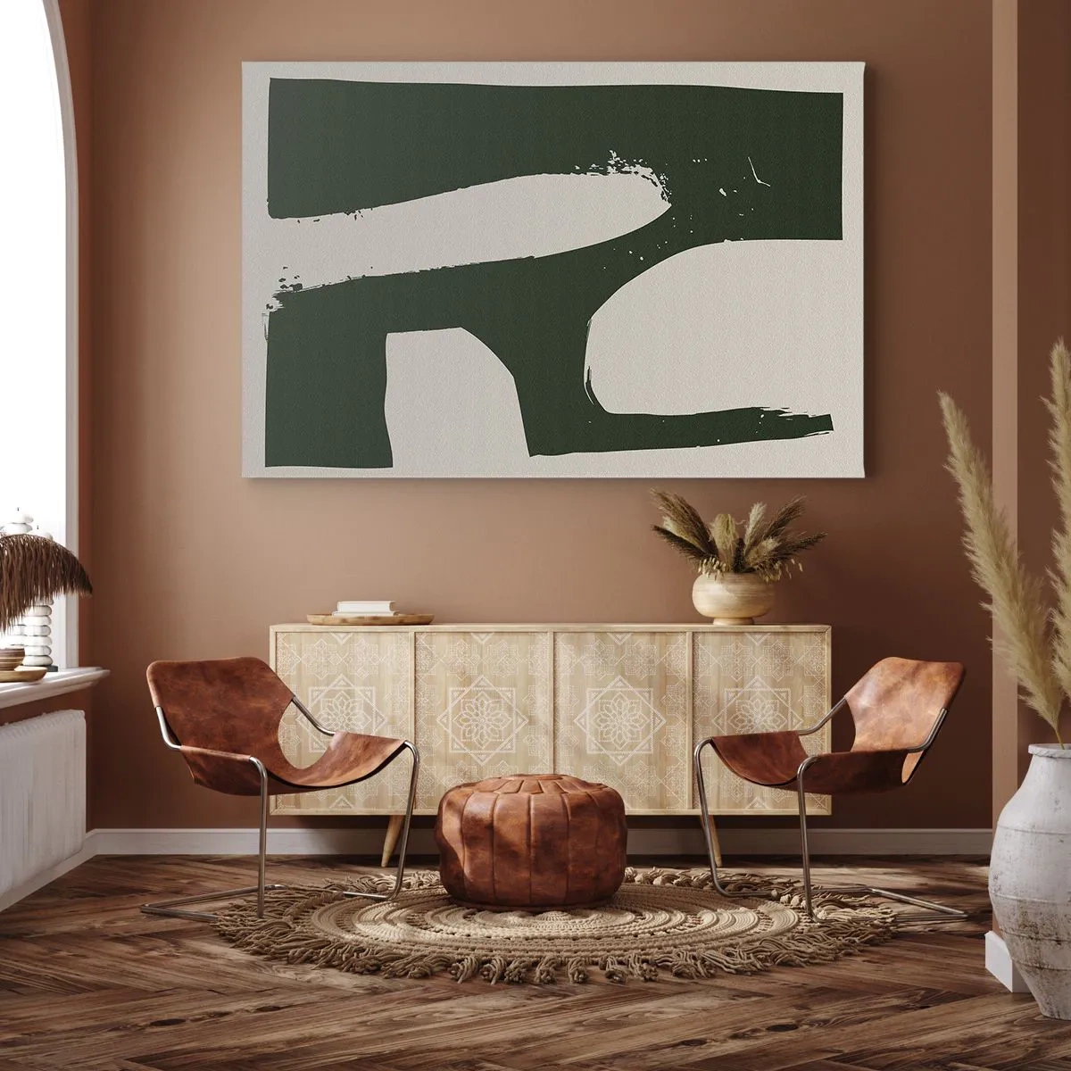 Obraz na plátně - Minimalistický abstrakt v zelené barvě na světlém pozadí - 70x50cm - Zálivy v bílem - Moderní nástěnná dekorace do obývacího pokoje a ložnice ARTTOR