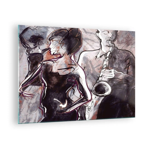 Obraz na skle - Tanečníci a saxofonista v uměleckém stylu náčrtu - 70x50cm - Rozplynout se v hudbě - Moderní nástěnná dekorace do obývacího pokoje a ložnice ARTTOR
