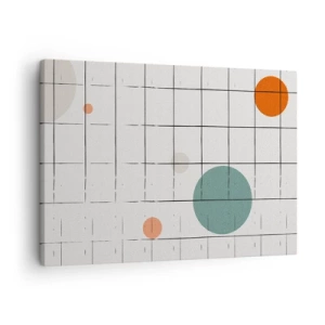 Obraz na plátně - Abstraktní barevné kruhy na pozadí geometrické mřížky - 70x50cm - V pasti. My nebo ony? - Moderní nástěnná dekorace do obývacího pokoje a ložnice ARTTOR