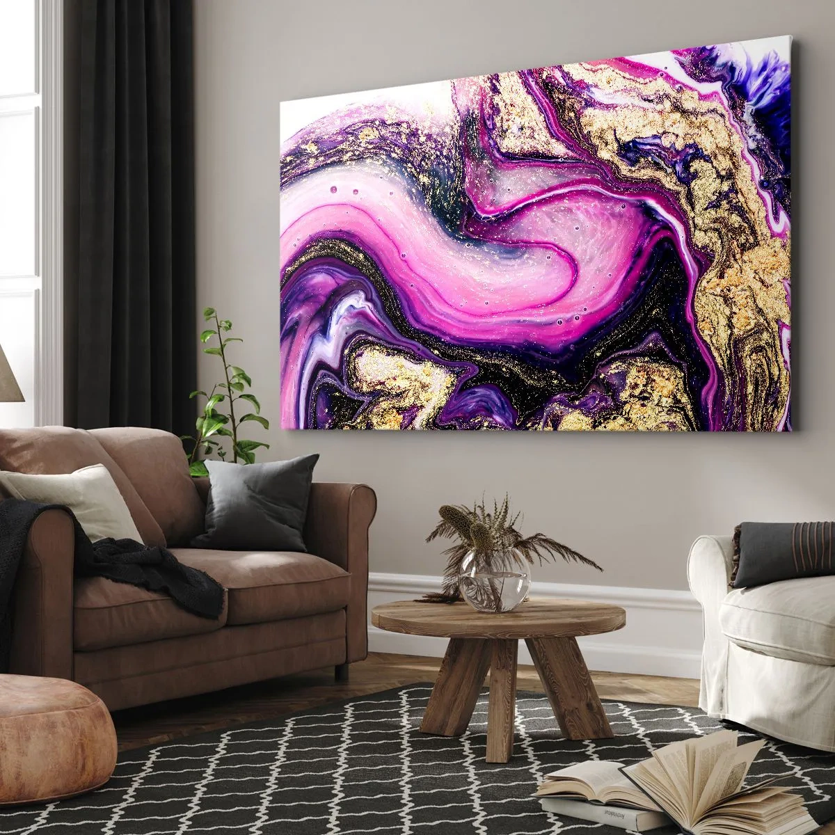 Obraz na plátně - Abstraktní vlny v odstínech fialové a zlaté - 70x50cm - Okamžik v zákulisí - Moderní nástěnná dekorace do obývacího pokoje a ložnice ARTTOR
