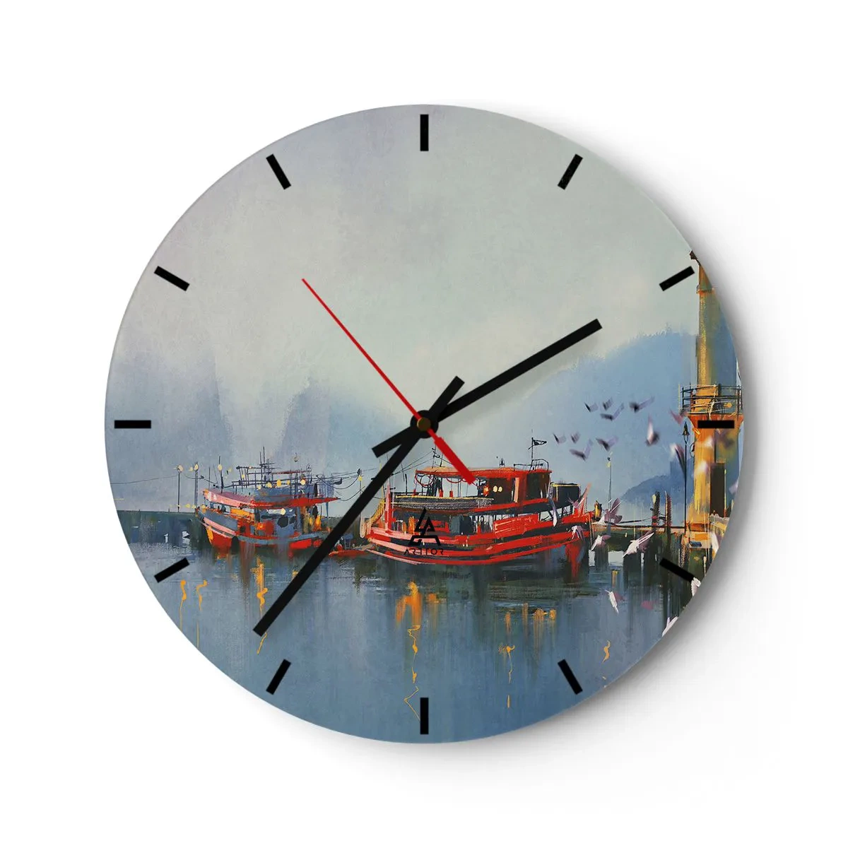 Nástěnné hodiny - Přístav s červenými loděmi na klidné vodě ráno - 30x30cm - Na konci světa - Moderní nástěnná dekorace do obývacího pokoje, kuchyně a ložnice ARTTOR