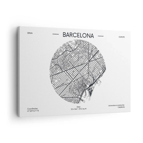 Obraz na plátně - Mapa Barcelony v minimalistickém černobílém stylu - 70x50cm - Anatomie Barcelony - Moderní nástěnná dekorace do obývacího pokoje a ložnice ARTTOR