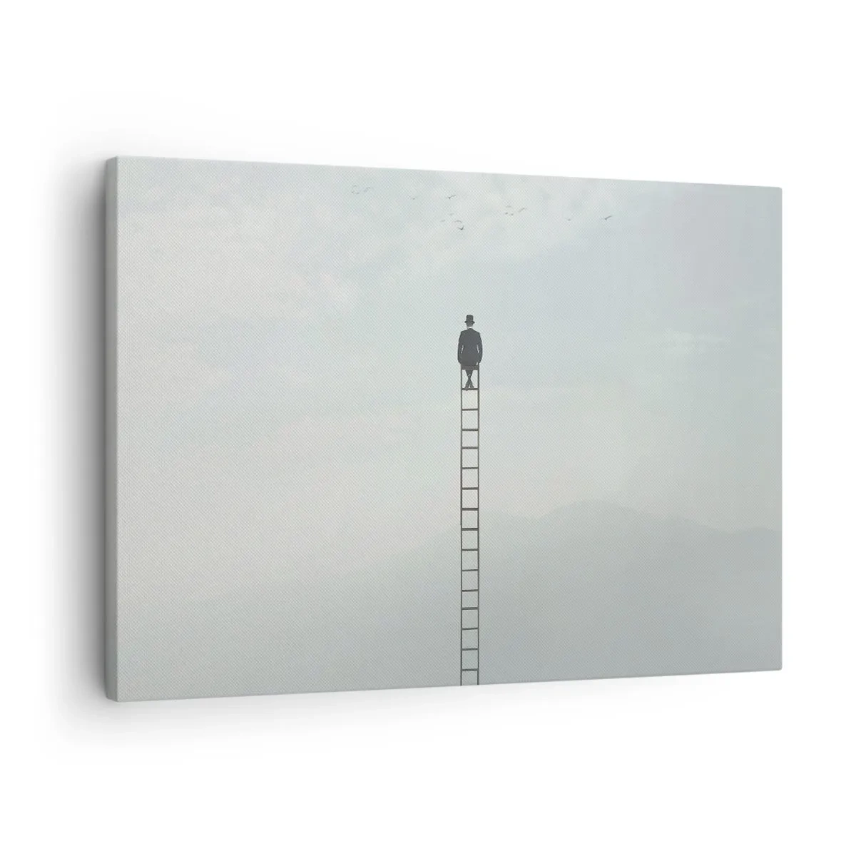Obraz na plátně - Muž na žebříku stoupající k nebi - 70x50cm - Povznést se nad to - Moderní nástěnná dekorace do obývacího pokoje a ložnice ARTTOR