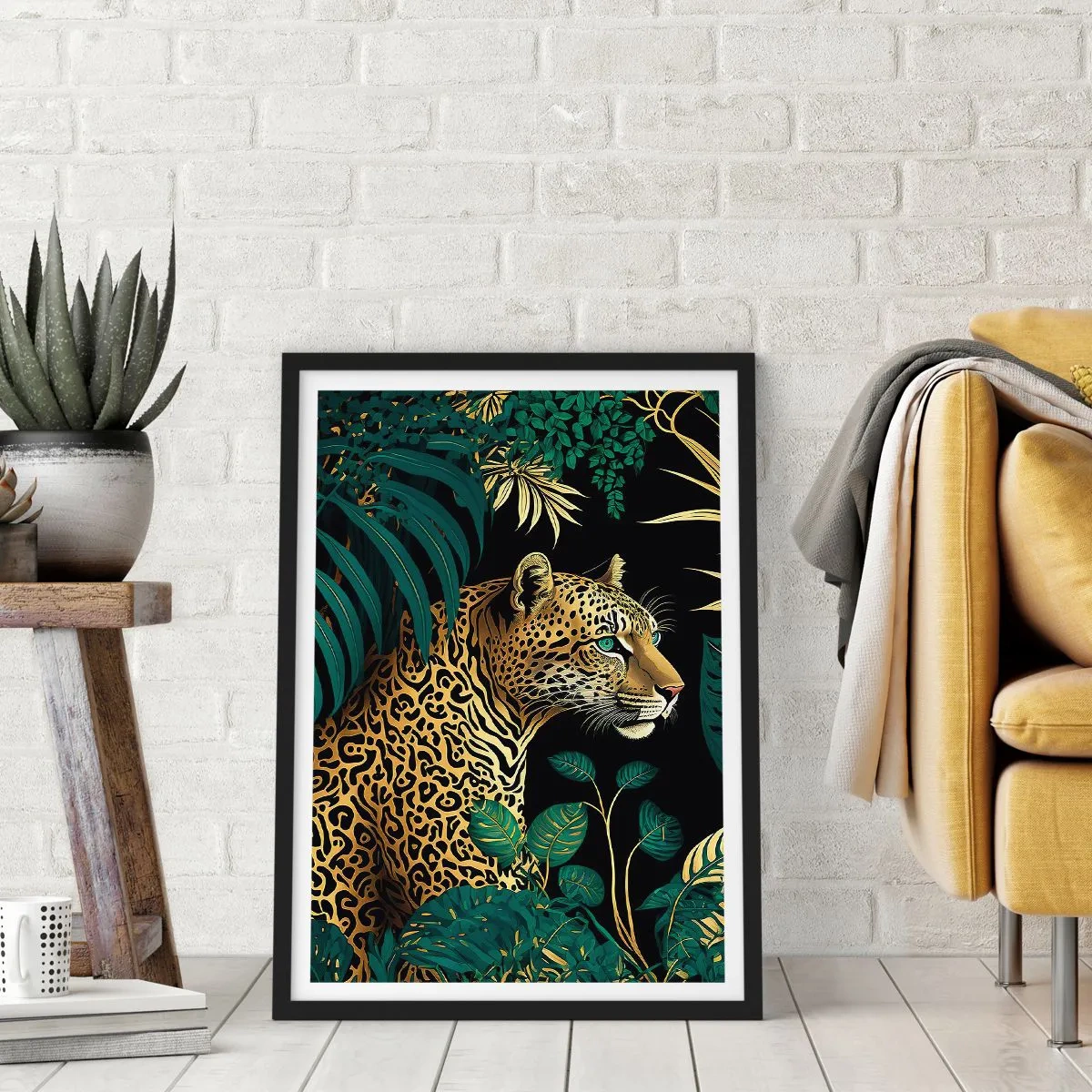 Plakát v černém rámu - Zlatý leopard v tropické džungli - 50x70cm - Domácí v džungli - Moderní nástěnná dekorace do obývacího pokoje a ložnice ARTTOR