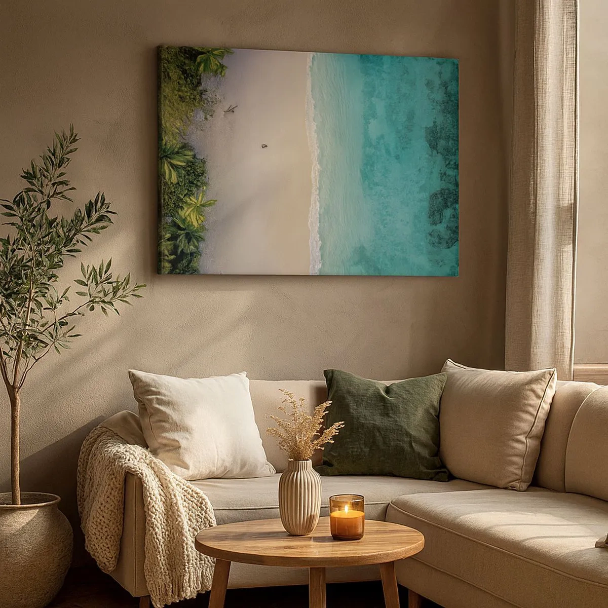 Obraz na plátně - Letecký pohled na tropickou pláž s tyrkysovou vodou - 70x50cm - Rajská pláž - Moderní nástěnná dekorace do obývacího pokoje a ložnice ARTTOR