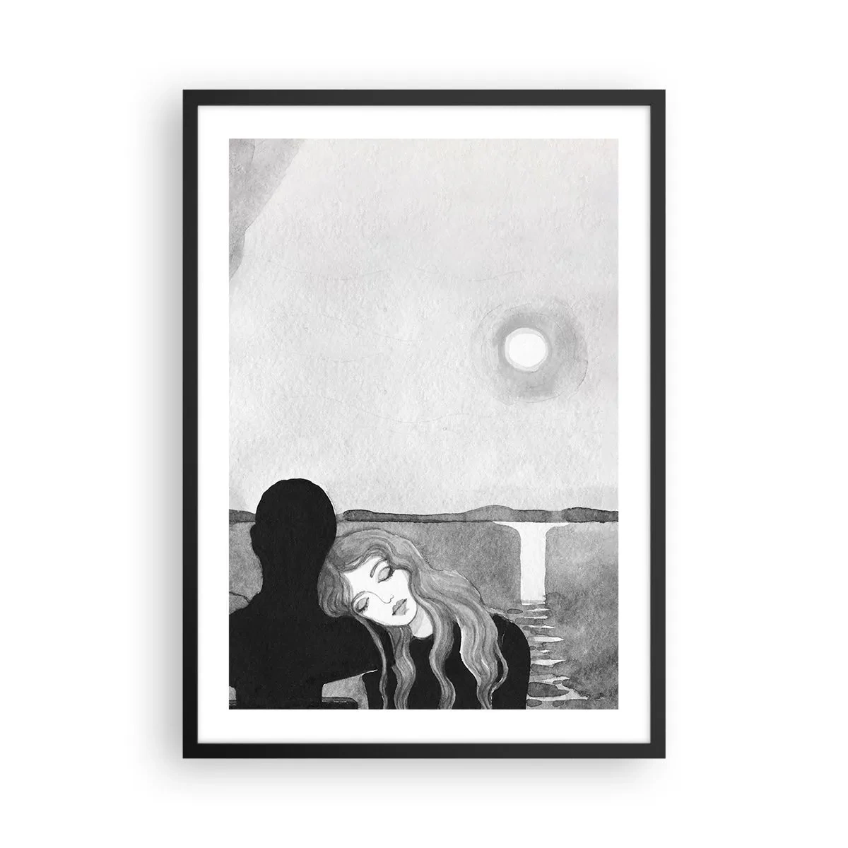Plakát v černém rámu - Žena se opírající se o stínovou postavu, měsíc a vodopád - 50x70cm - Vždy záhadou - Moderní nástěnná dekorace do obývacího pokoje a ložnice ARTTOR