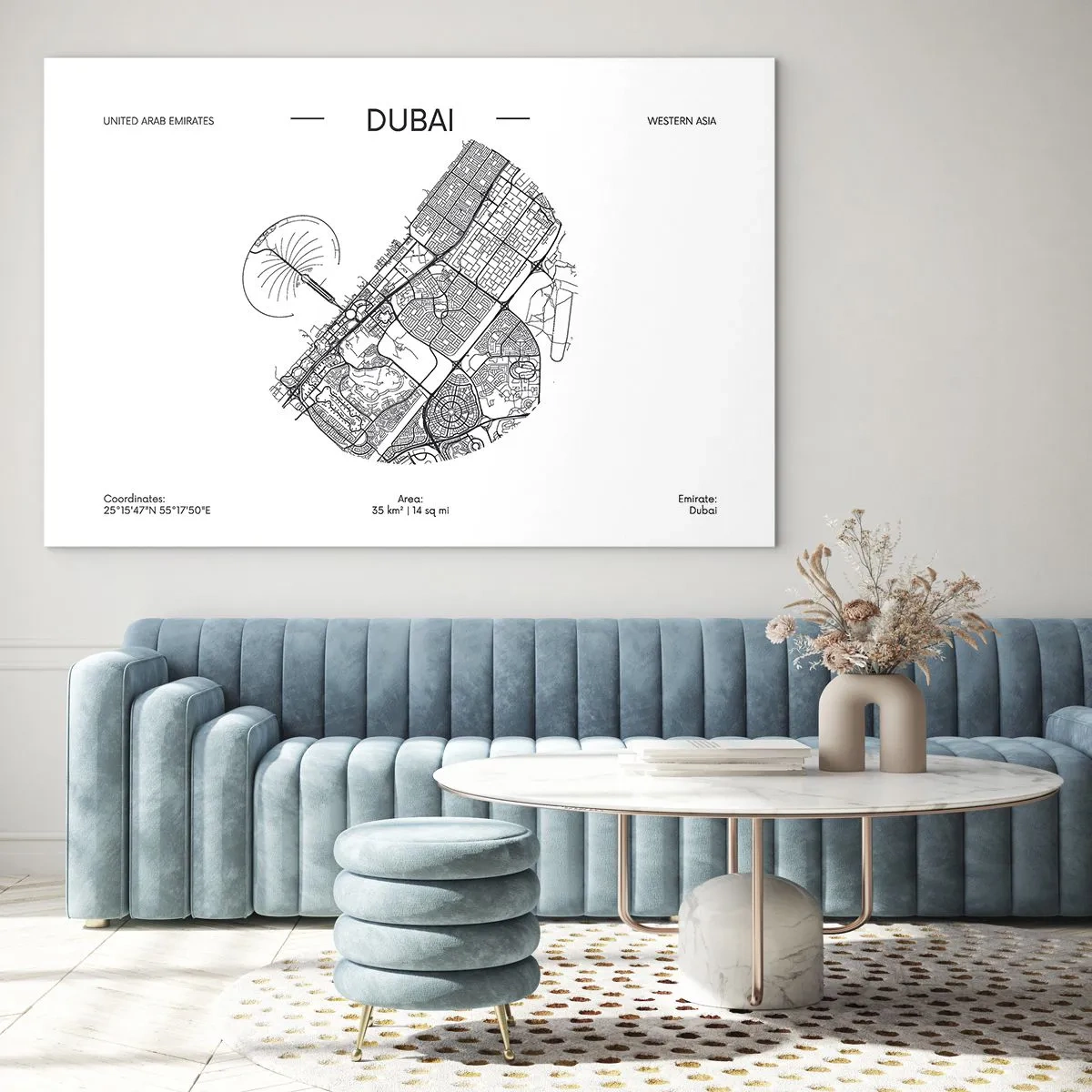 Obraz na skle - Minimalistická mapa Dubaje v černobílém stylu. - 70x50cm - Anatomie Dubaje - Moderní nástěnná dekorace do obývacího pokoje a ložnice ARTTOR
